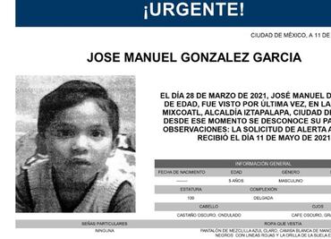 Emiten Alerta Amber para localizar a José Manuel, de cinco años, desaparecido en Iztapalapa