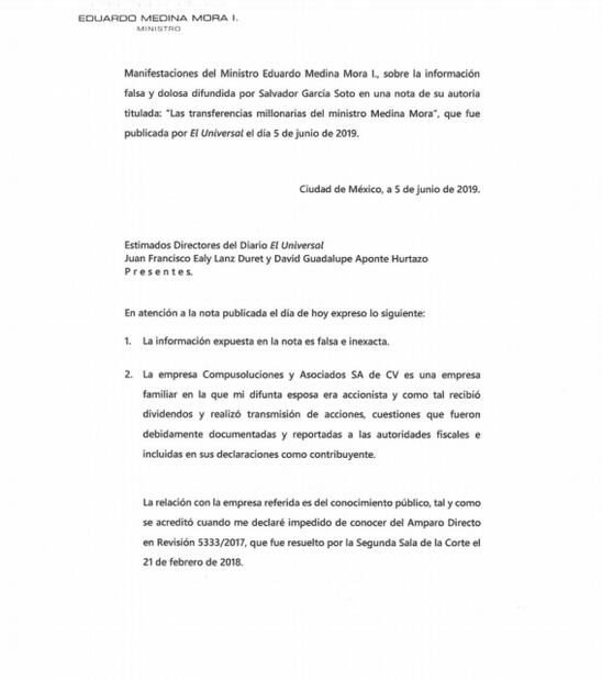 Niega ministro Medina Mora haber hecho transferencias millonarias al exterior