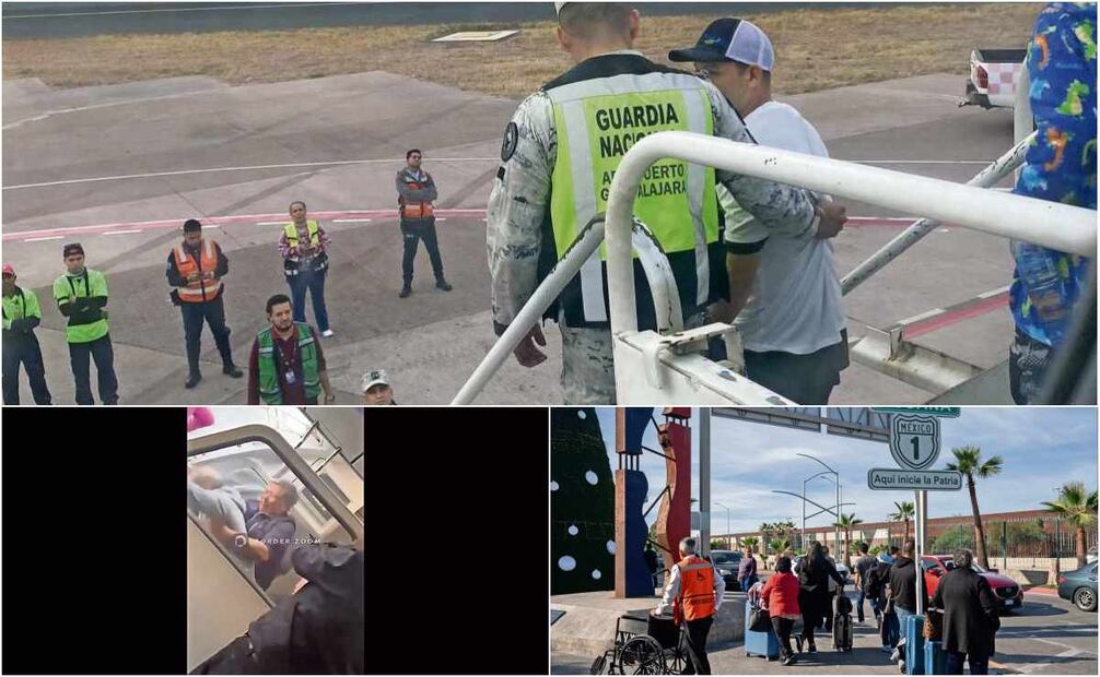 Agentes de la Guardia Nacional detuvieron a Mario “N” en el aeropuerto de Guadalajara, luego de que intentó desviar un avión de Volaris hacia Estados Unidos, lo que ocasionó pánico entre los pasajeros y la tripulación que lograron someter al atacante. Fotos Luis Bautista, Cuartoscuro y Especial