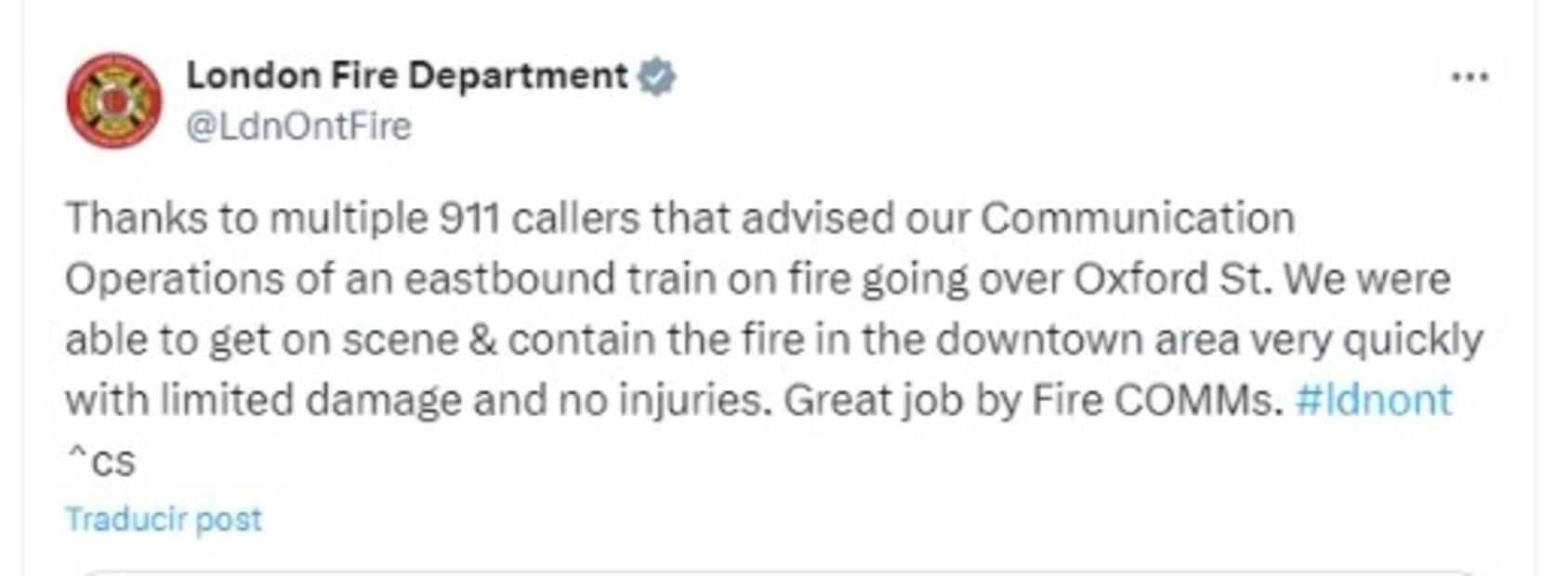 Departamento de bomberos explican el incidente de un tren en llamas en Canadá. Foto: X @LdnOntFire