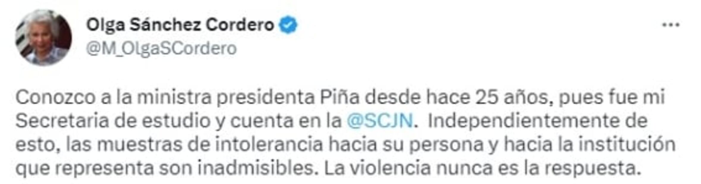 Olga Sánchez Cordero condena “muestra de intolerancia” contra ministra Norma Lucía Piña