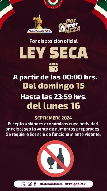 El gobierno de Nezahualcóyotl, anunció que el domingo 15 y el lunes 16 de septiembre se implementará ley seca en todo el municipio. (Foto: especial)