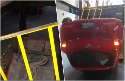 Auto queda llantas arriba tras falla de elevador y conductor sobrevive en la Escandón