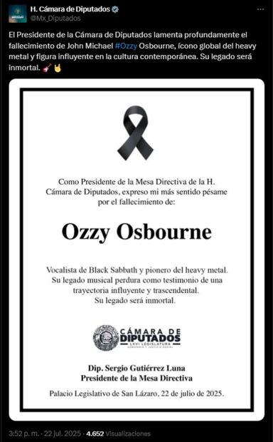 Cámara de Diputados lamenta muerte de Ozzy Osbourne. Foto: Captura