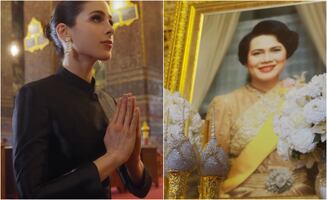 Fátima Bosch se arrodilla frente a Sirikit, la reina madre de Tailandia, figura clave en la historia de Miss Universo 