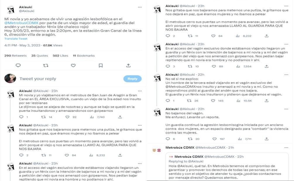 Denuncia por redes sociales de discriminación a pareja LGBT en Metrobús de la Línea 6. Foto: Captura. EL UNIVERSAL