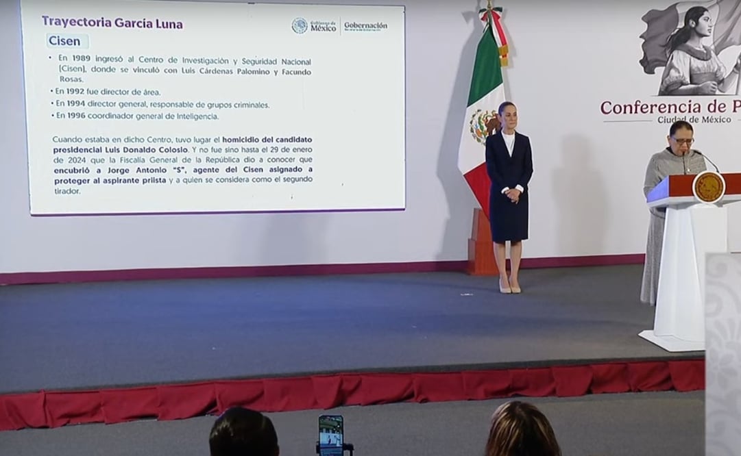 Rosa Icela Rodríguez, secretaria de Gobernación presenta trayectoria de García Luna durante la mañanera del 18 de octubre de 2024. Foto: captura de pantalla
