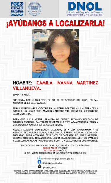 Buscan a la menor Camila Ivanna en Oaxaca (09/10/2025). Foto: Especial
