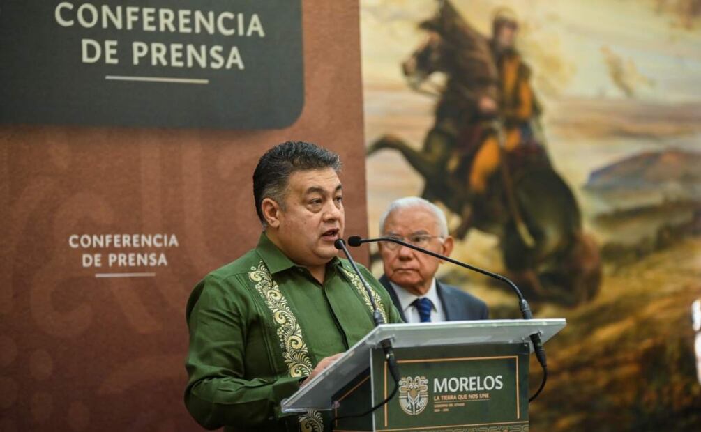 Secretario de Seguridad y Protección Ciudadana (SSyPC), Miguel Ángel Urrutia Lozano durante conferencia sobre cateo en penal de Atlacholoaya (12/02/2025). Foto: Especial
