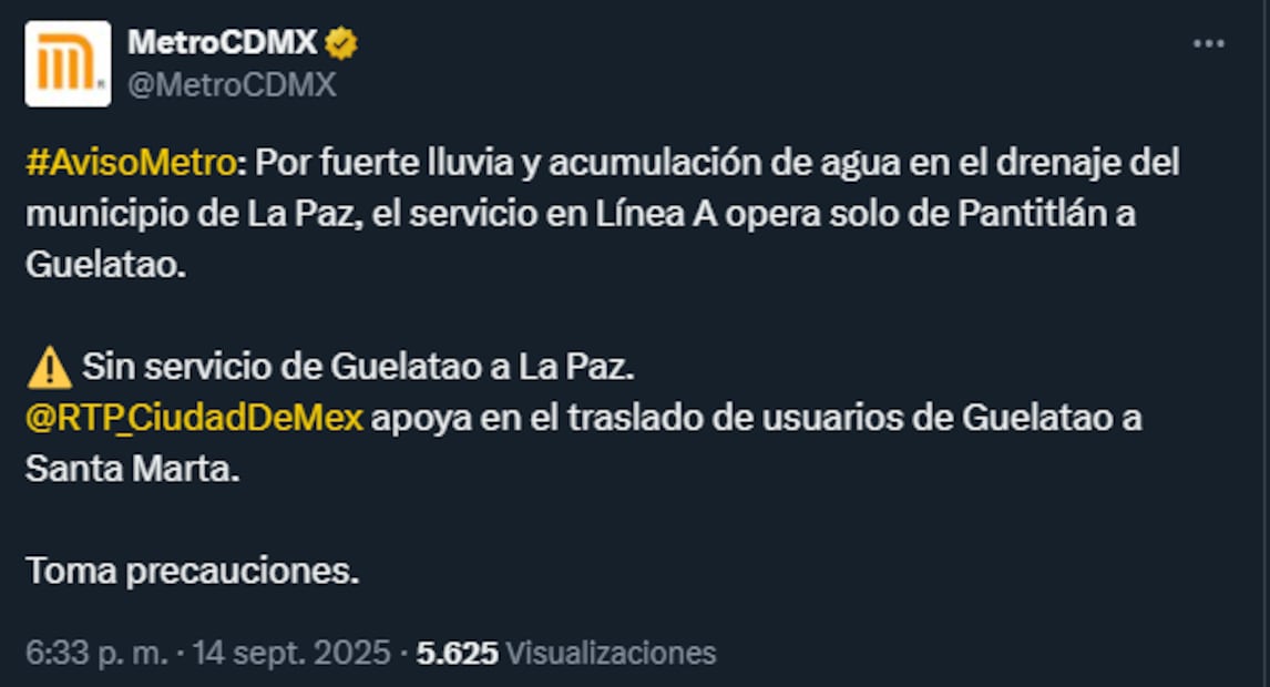 Suspenden servicio de estaciones de la Línea A del metro por lluvia en zona de vías (14/09/2025). Foto: Captura de pantalla
