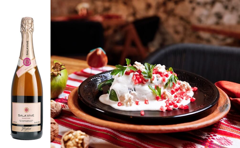 Sala Vivé Brut Rosé y chile en nogada de Grana Sabores de Origen. Foto: Especial