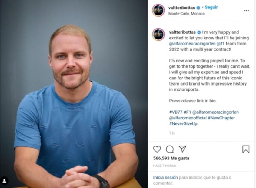 Valtteri Bottas firma con Alfa Romeo para la temporada 2022 de la Fórmula 1