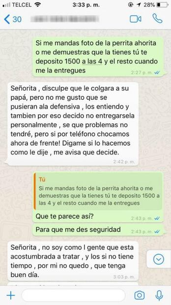 "Quiero 3 mil pesos por dejar libre a tu perrita"