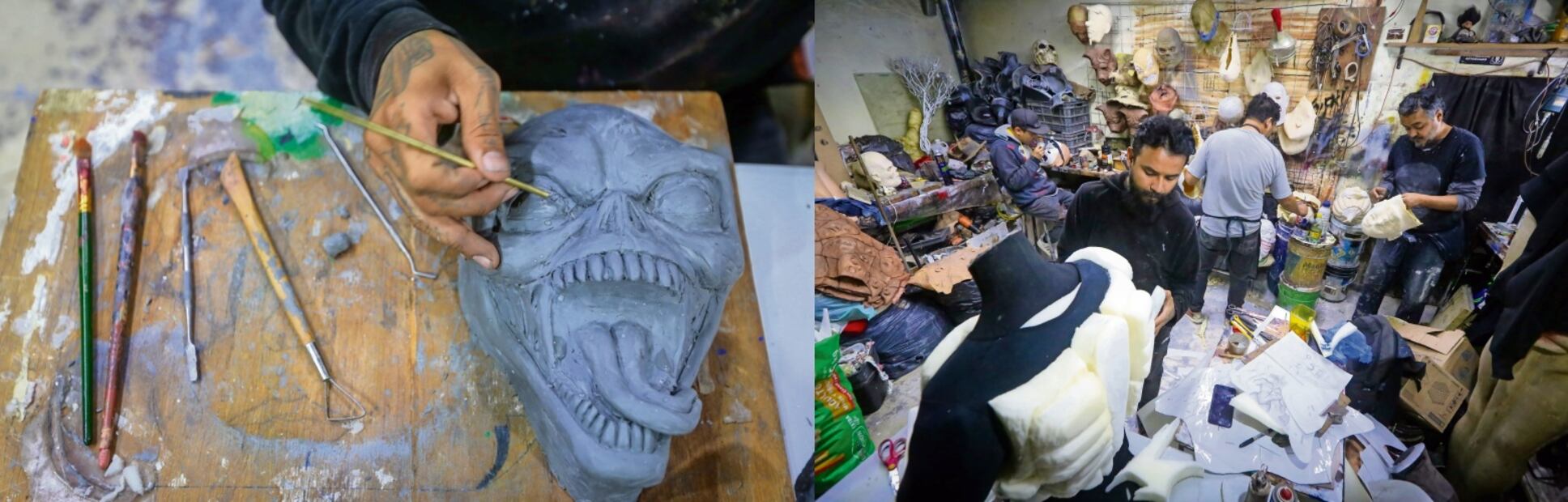 El taller Moebius Horror Shop inIció con la reventa de máscaras de terror, pero desde hace 10 años se dedican a fabricarlas, utilizando materiales como el látex. Foto: Luis Camacho / EL UNIVERSAL