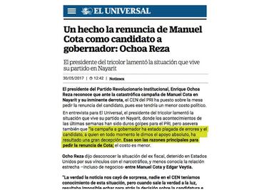 Desmiente PRI en Nayarit declinación de Manuel Cota