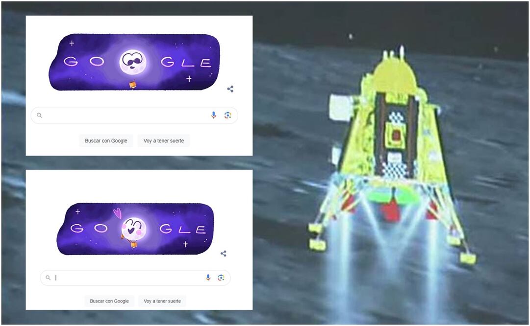 La nave espacial Chandrayaan-3 segundos antes de su exitoso aterrizaje lunar en el polo sur de la Luna. Foto: AFP y Captura de Google