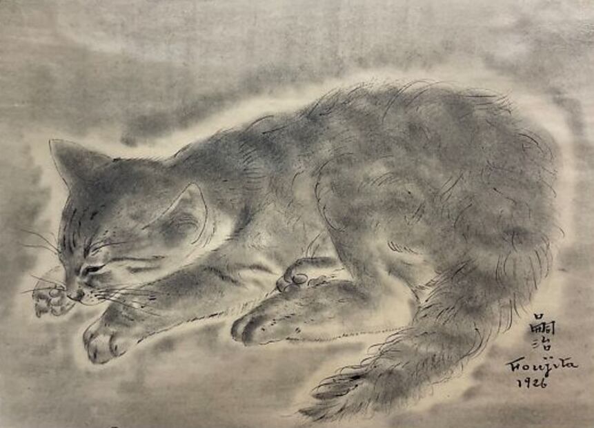 Cat (1926), obra  que captura con sutileza la elegancia felina y cuya técnica es tinta y aguada sobre papel./ THE MET/ Autoría d e Tsuguharu Foujita. Legado de Adelaide Milton de Groot, 67.187.7.