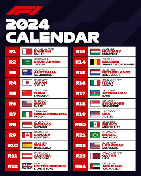 Este es el calendario de la temporada 2024 de la F1