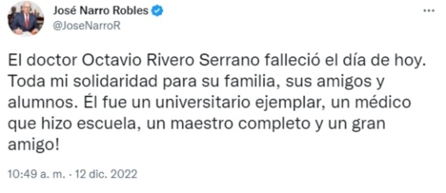 Muere el exrector de la UNAM, Octavio Rivero Serrano