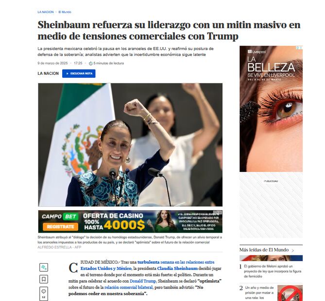 El diario argentino La Nación publicó una nota sobre el mitin del domingo, señalando cómo Sheinbaum “refuerza su liderazgo”, en medio de las tensiones con Estados Unidos.