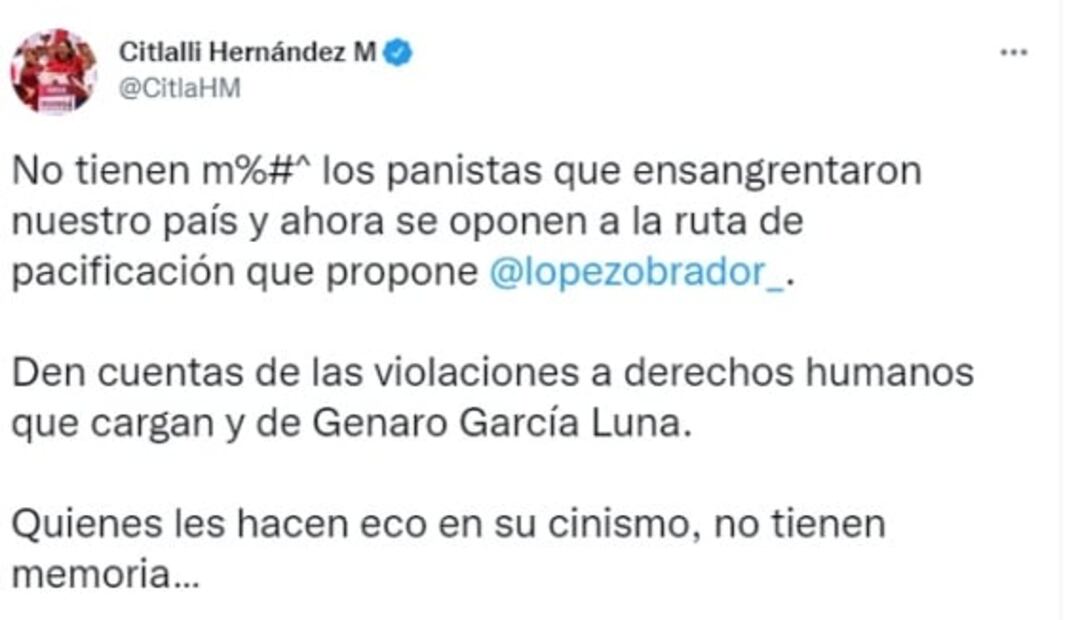 “No tienen m… los panistas”, dice Citlalli Hernández ante “ruta de pacificación” de AMLO