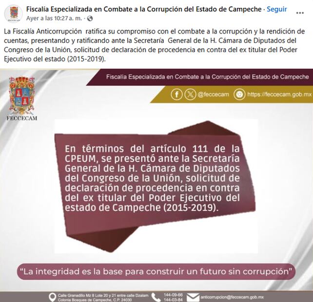 El viernes, la Fiscalía de combate a la corrupción de Campeche publicó en sus redes sociales la presentación de la solicitud de declaración de procedencia contra Alejandro Moreno. Foto: Especial