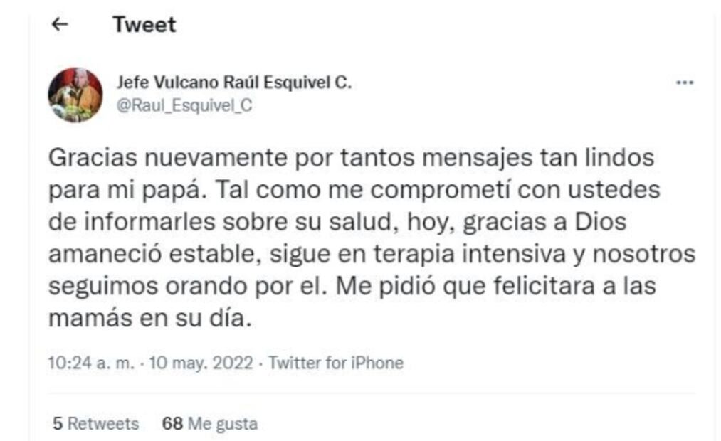 Jefe Vulcano sigue en terapia intensiva