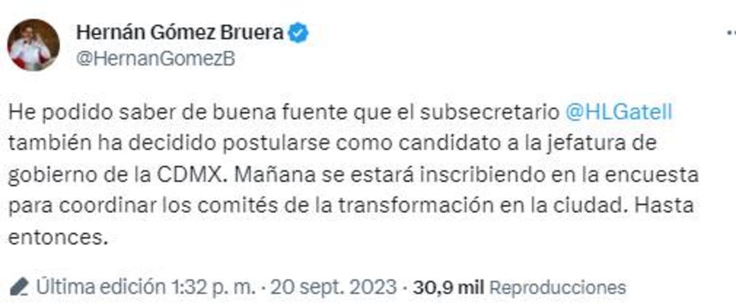 Tuit de Hernán Gómez sobre destape de Gatell / Captura de pantalla