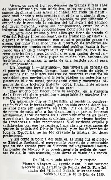 Extracto de la carta que Manuel Vázquez G. envió a esta casa editorial para comentar la historia del “Día del Policía”, 1959. Foto: Hemeroteca EL UNIVERSAL.