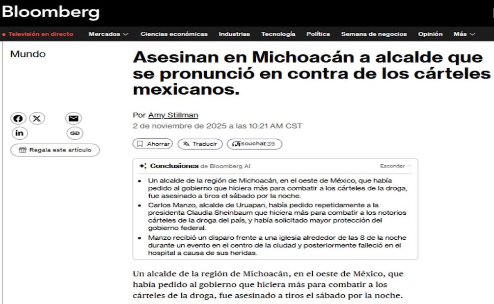 Cobertura de Bloomberg  sobre el asesinato de Carlos Manzo. Foto: Captura de pantalla