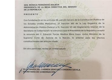 Segob informa al Senado que el Ejecutivo aceptó la renuncia de Medina Mora