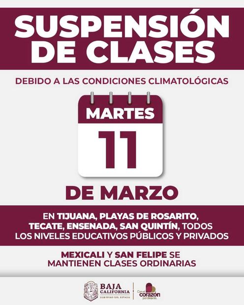 Por condiciones climatológicas, suspenden clases en municipios de Baja California. Foto: X @MarinadelPilar