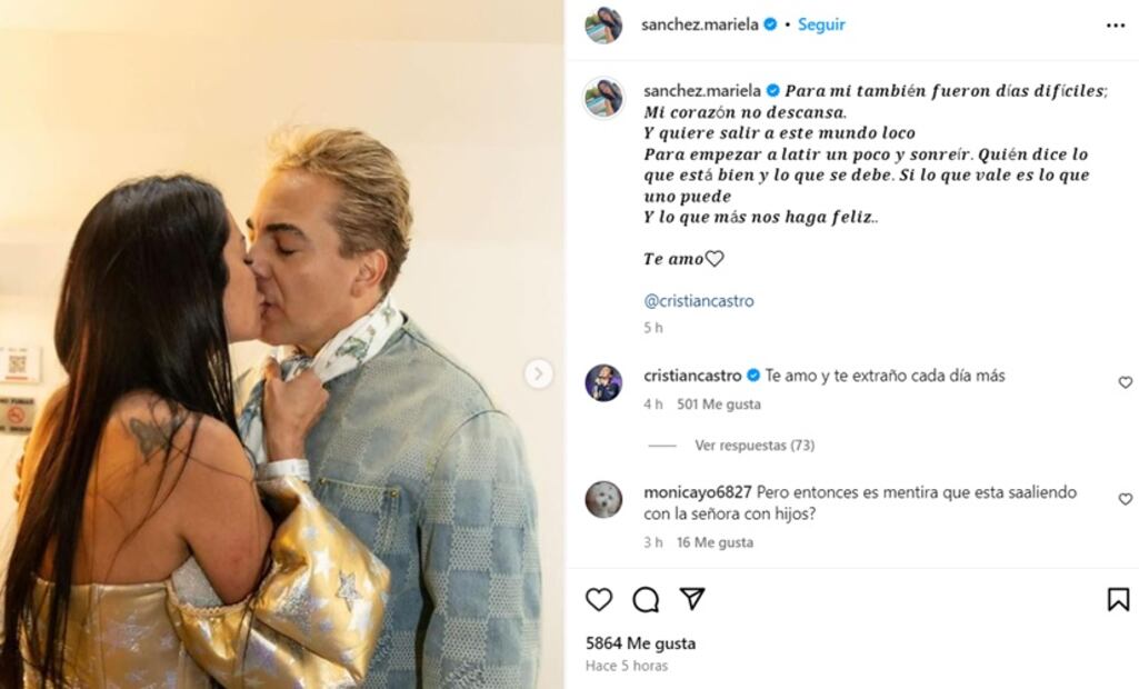 Este es el romántico mensaje que Mariela le dedicó a su famoso novio. Foto: Instagram.
