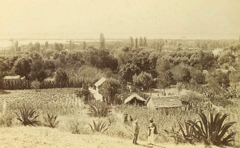 Lago de Chalco, visto parcialmente desde Ayotla, siglo XIX. Al oriente del lago se estableció el tianguis de Chalco, el centro de comercio que marcó precios de venta para productos como maíz y legumbres; se realizó cada viernes con compradores de varias partes del país. Foto: Views of Mexico/Wikimedia Commons.