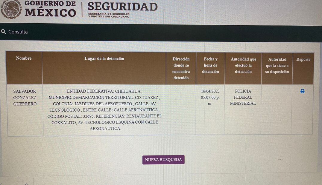 Ficha de la detención del contralmirante Salvador González Guerrero, titular del INM en Ciudad Juárez. Captura de pantalla