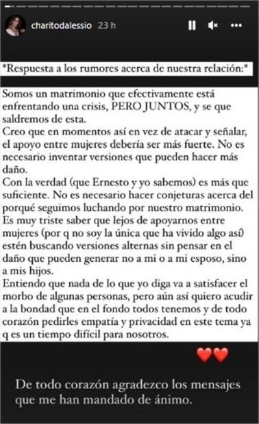 Charito, esposa de Ernesto D'Alessio, habla sobre la crisis que enfrenta su relación: “seguimos luchando por nuestro matrimonio”