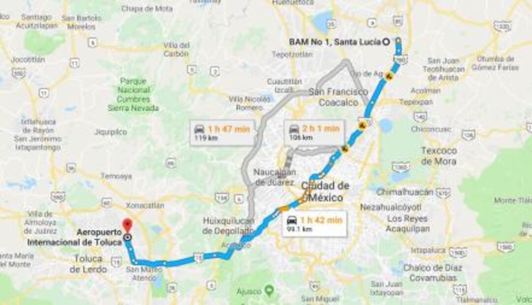 ¿Cuánto tiempo harás de la base de Santa Lucía al aeropuerto de la CDMX y al de Toluca?