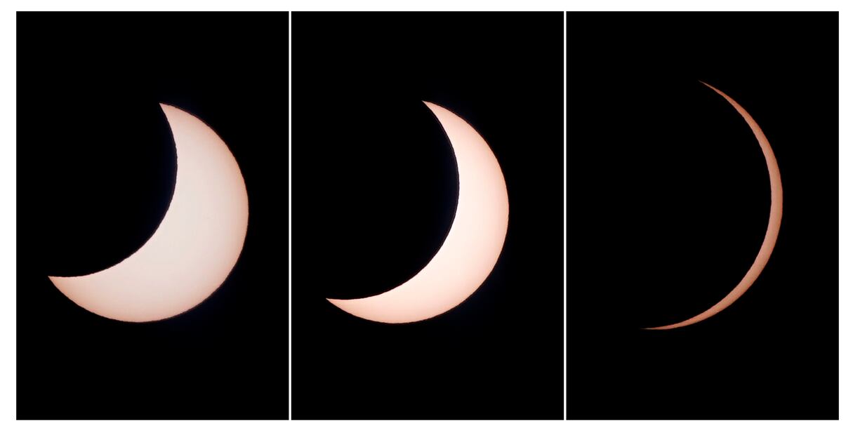 This combination image of photos shows a hybrid solar eclipse seen from Lautem, East Timor, Thursday, April 20, 2023. A rare solar eclipse will cross over remote parts of Australia, Indonesia and East Timor on Thursday. (AP Photo/Lorenio L.Pereira)