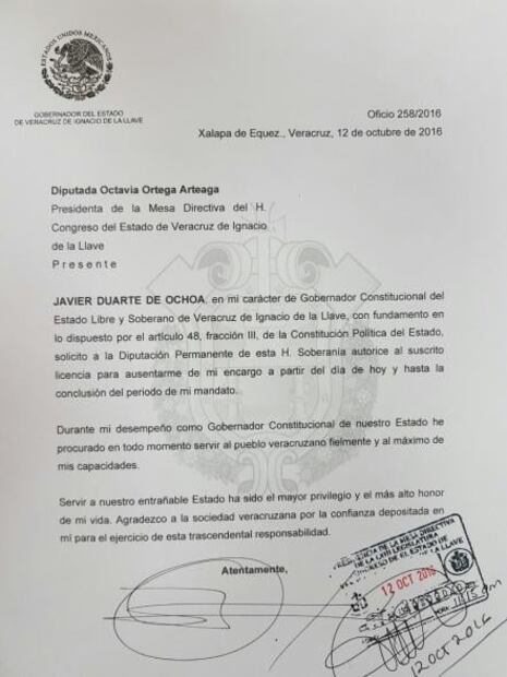 Javier Duarte presenta solicitud formal de licencia al Congreso