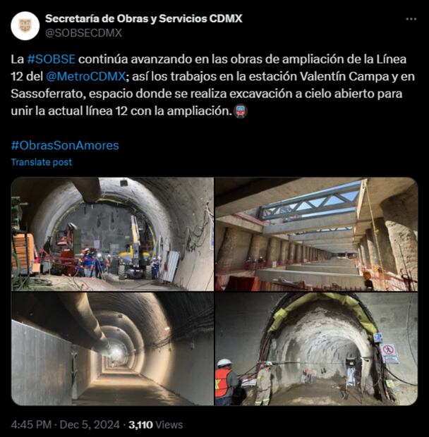 Sobse dio a conocer el avance de la ampliación de la  Línea 12 (05/12/2024). Foto: X @SOBSECDMX