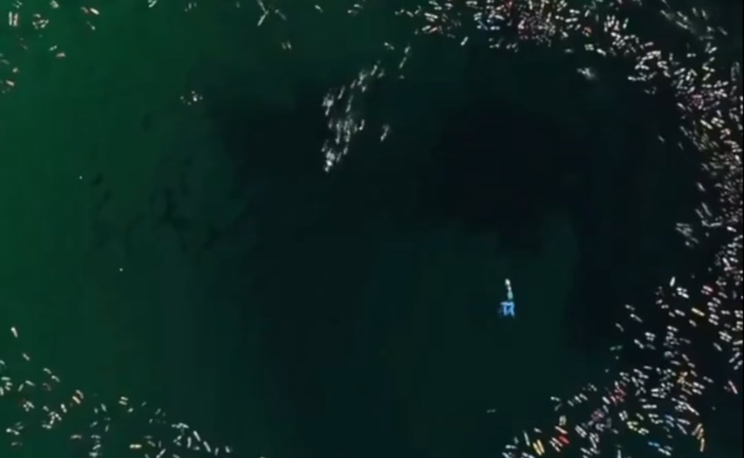 Surfistas en Bondi Beach intentado hacer un corazón en solidaridad con las víctimas del atentado en Janucá. (21/12/25) Foto: Captura de video