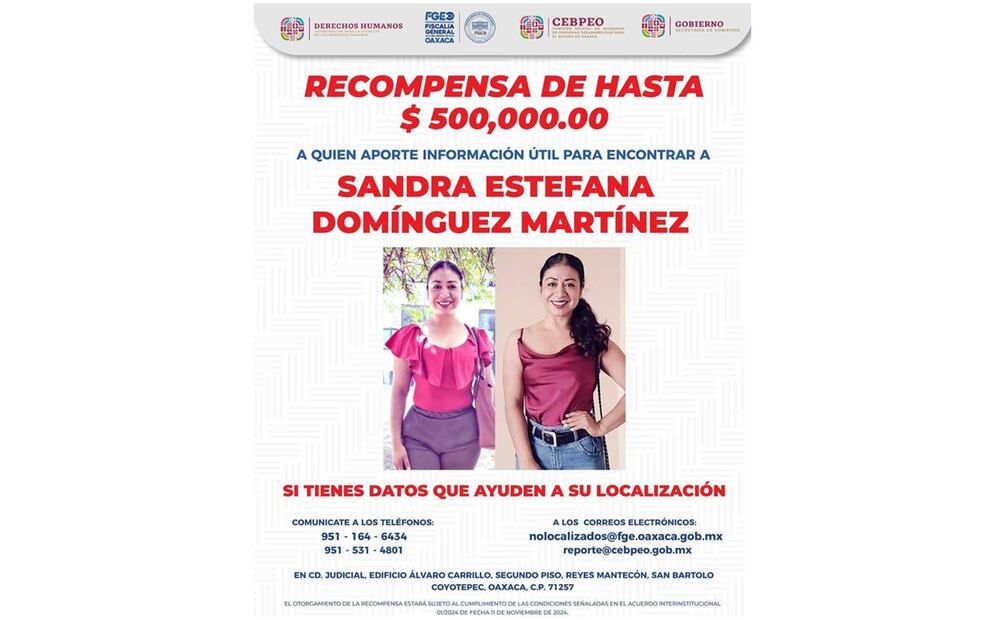 Las Fiscalías de Oaxaca y Veracruz ofrecen recompensa por información que ayude a encontrar a la activista Sandra Domínguez (12/11/2024). Foto: Especial