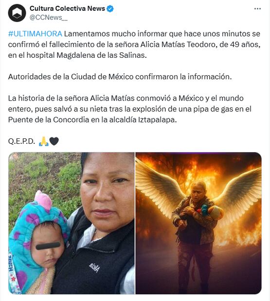 Tras su fallecimiento, usuarios despiden y honran a Alicia Matías, la mujer que protegió a su nieta de 2 años en la explosión de una pipa en Iztapalapa. Foto: X
