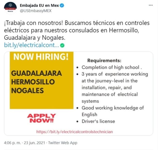 Embajada de Estados Unidos abre vacantes a mexicanos