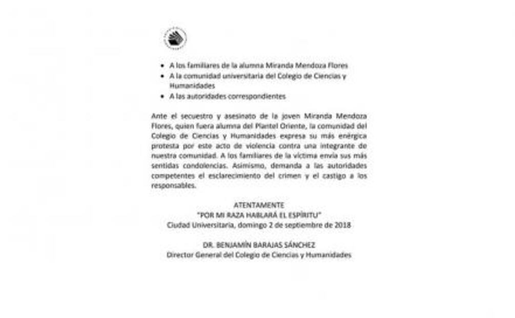 CCH Oriente condena feminicidio de estudiante Miranda Mendoza 