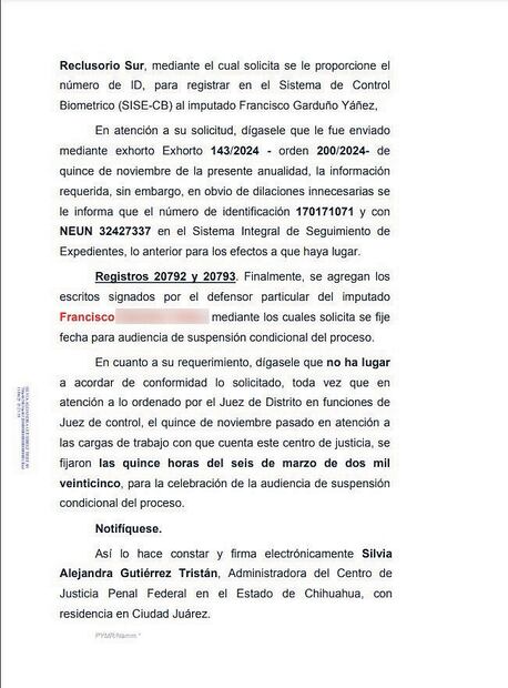 Dependencias compartieron parte de los viáticos para Francisco Garduño y su equipo de trabajo, así como la petición sobre la absolución alterna, cuya audiencia se llevará a cabo el 6 de marzo en Ciudad Juárez.