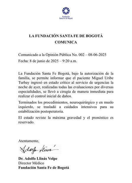 Comunicado de la Fundación Santa fe de Bogotá sobre el estado de salud de Miguel Uribe Turbay, candidato a la presidencia de Colombia. Foto: Tomada de la cuenta de X de @FSFB_Salud