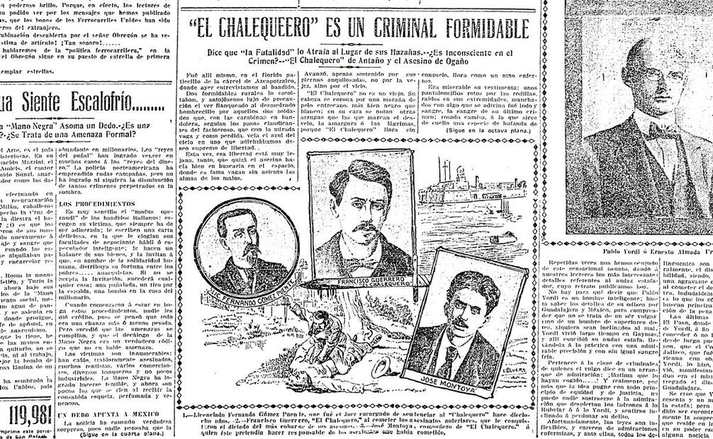 Esta primera plana de EL IMPARCIAL, de junio de 1908, muestra el retrato de Guerrero Pérez (centro) que se difundió en la época de su primera captura. Imagen: Hemeroteca Nacional Digital de México.