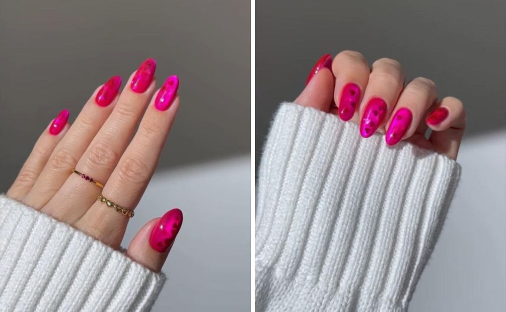 Añade corazones "confeti" en tu diseño de uñas. Foto: Instagram @heygreatnails