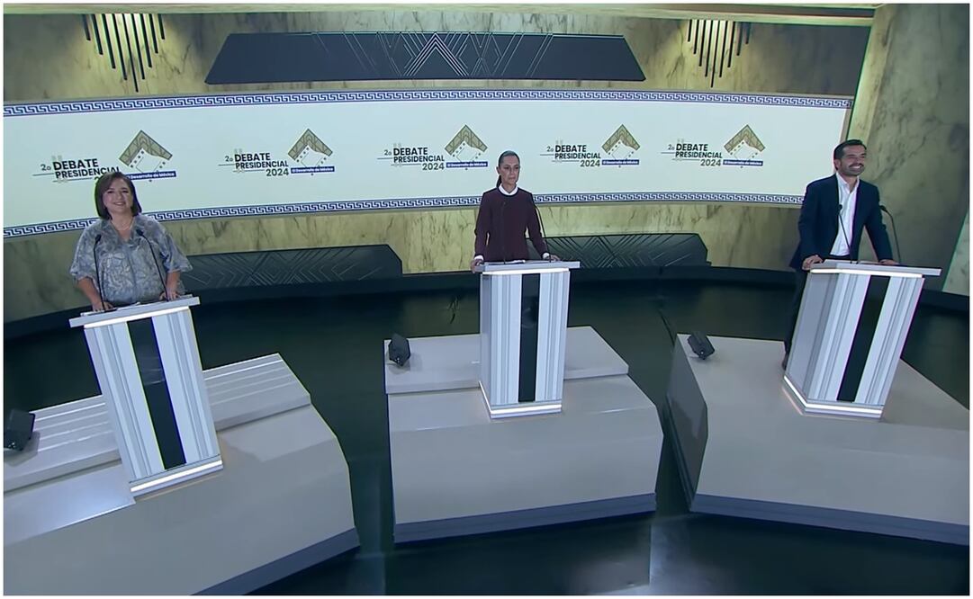 Claudia Sheinbaum, Xóchitl Gálvez y Jorge Álvarez Máynez participan en el Segundo debate presidencia. Foto: INE